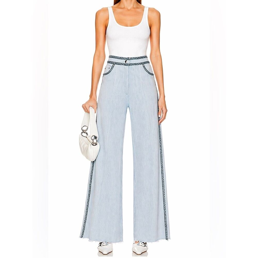 Sabina Musayev Light Wash Wide Leg Jeans Braided Trim High Rise Boho Chic - Picture 1 of 10